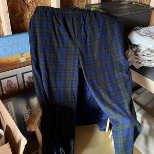Men’s blue/green/black plaid fleece sleep pants.